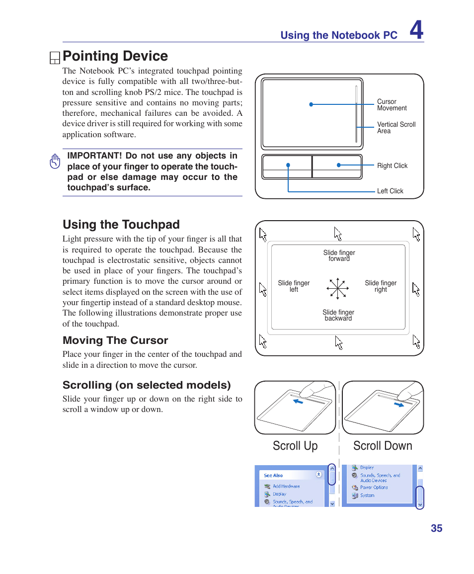 Pointing device, Using the touchpad, Scroll down scroll up | Asus T12Fg User Manual | Page 35 / 70