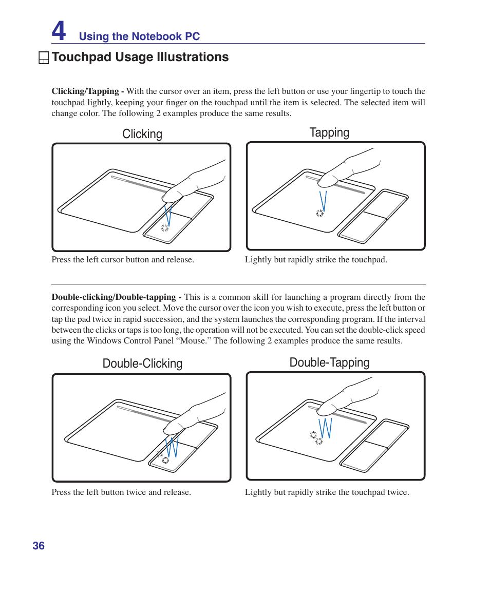 Touchpad usage illustrations | Asus T12Fg User Manual | Page 36 / 70