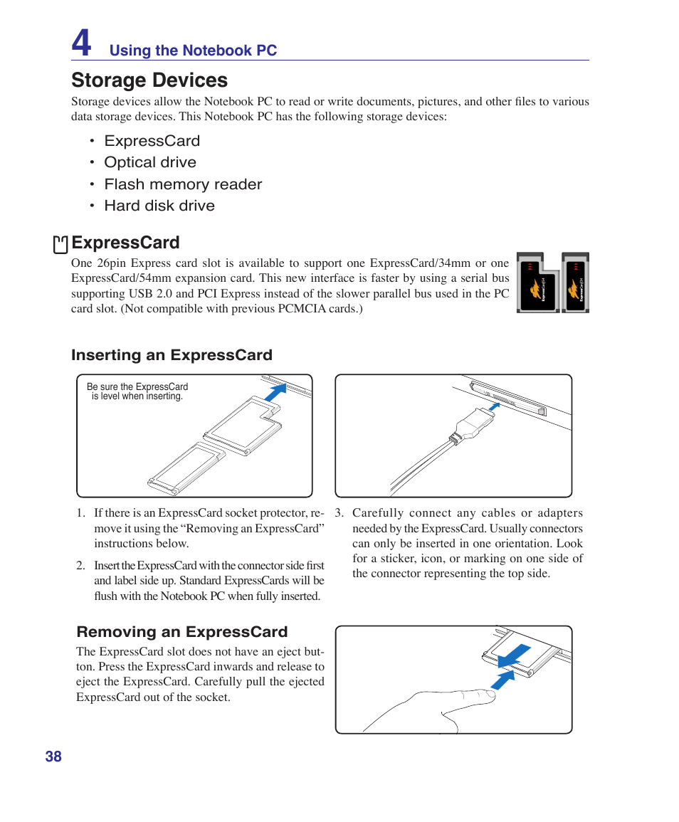 Storage devices, Expresscard | Asus T12Fg User Manual | Page 38 / 70