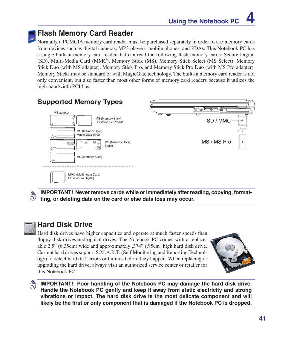 Flash memory card reader, Hard disk drive | Asus T12Fg User Manual | Page 41 / 70