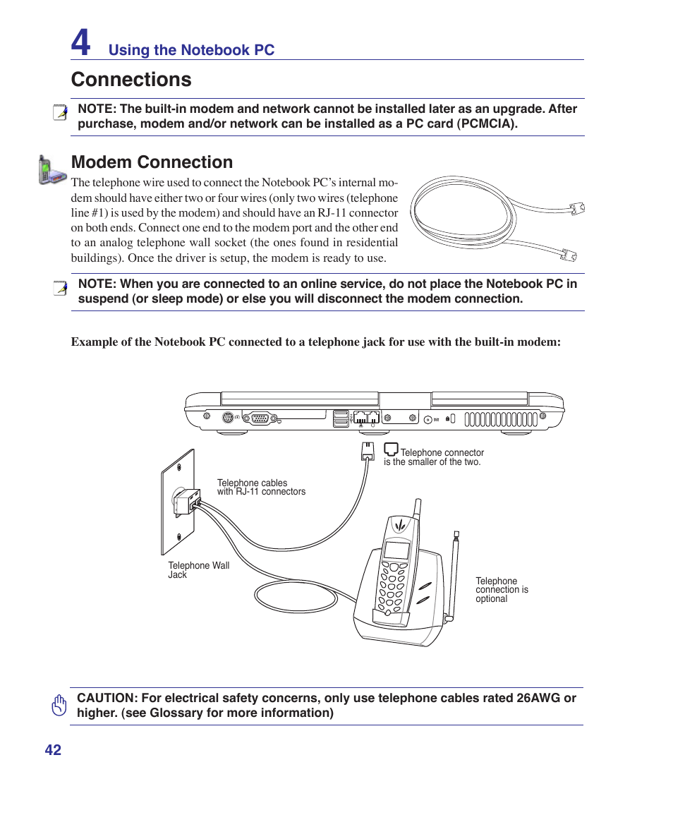 Connections, Modem connection | Asus T12Fg User Manual | Page 42 / 70