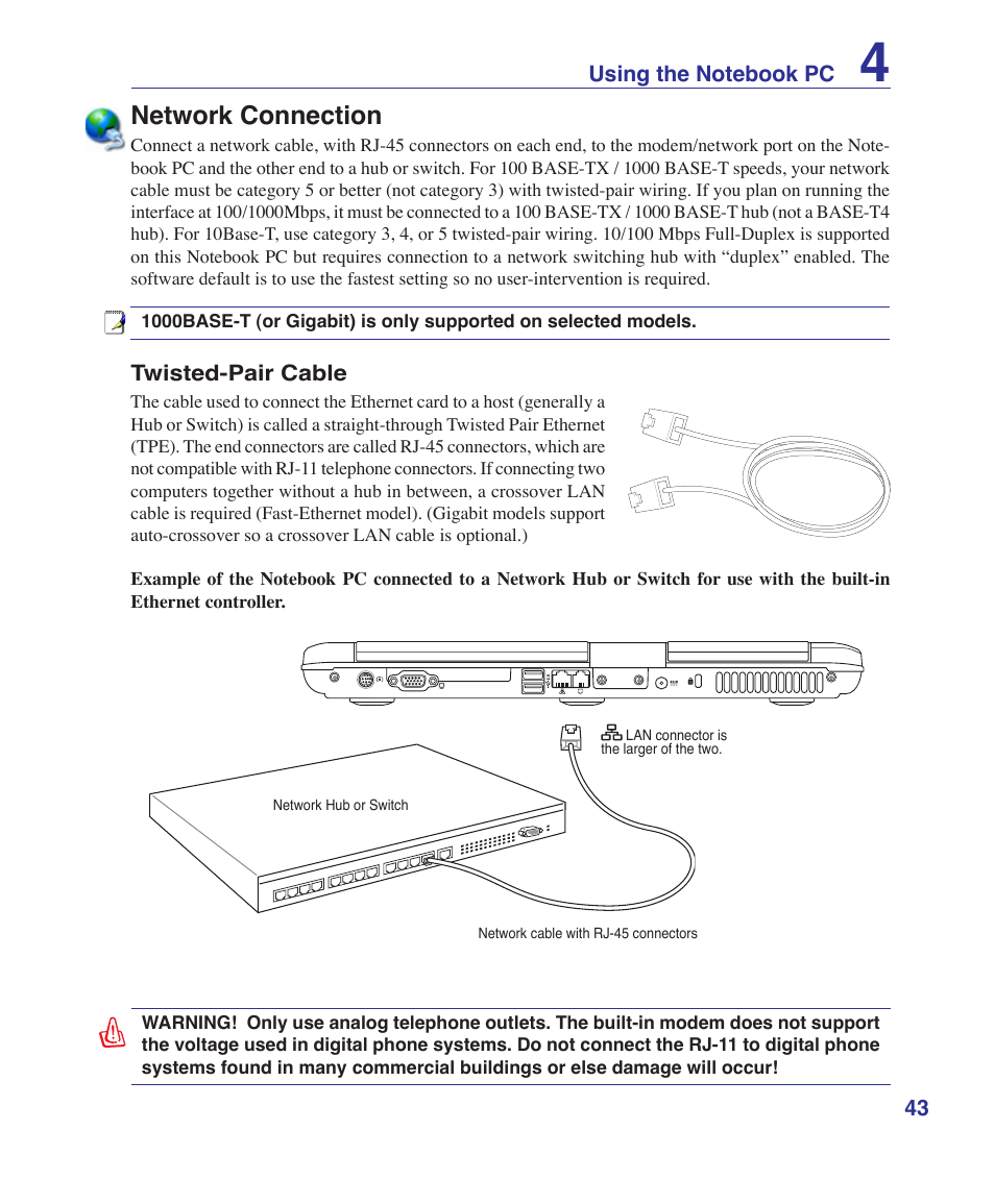 Network connection | Asus T12Fg User Manual | Page 43 / 70