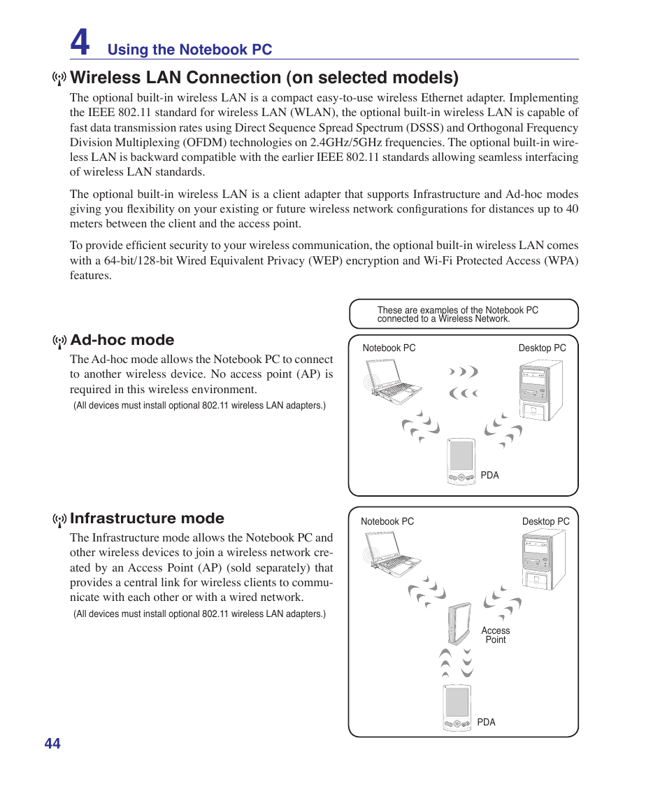 Wireless lan connection (on selected models) | Asus T12Fg User Manual | Page 44 / 70