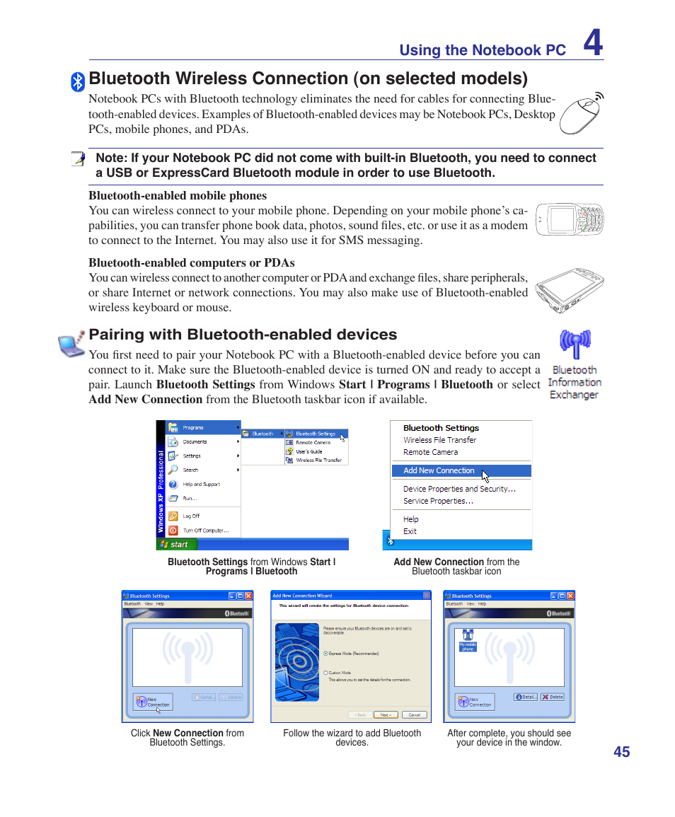 Bluetooth wireless connection (on selected models), Pairing with bluetooth-enabled devices | Asus T12Fg User Manual | Page 45 / 70