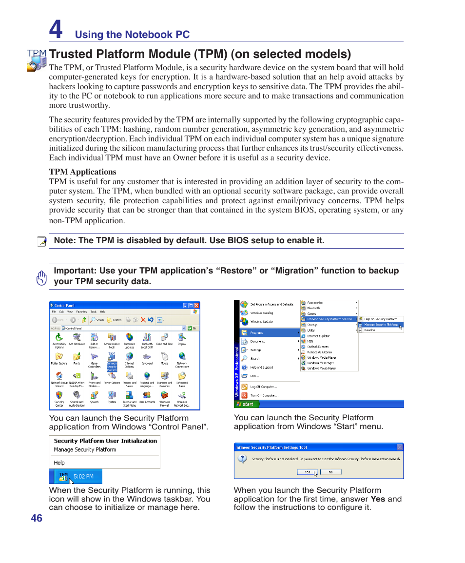 Trusted platform module (tpm) (on selected models) | Asus T12Fg User Manual | Page 46 / 70