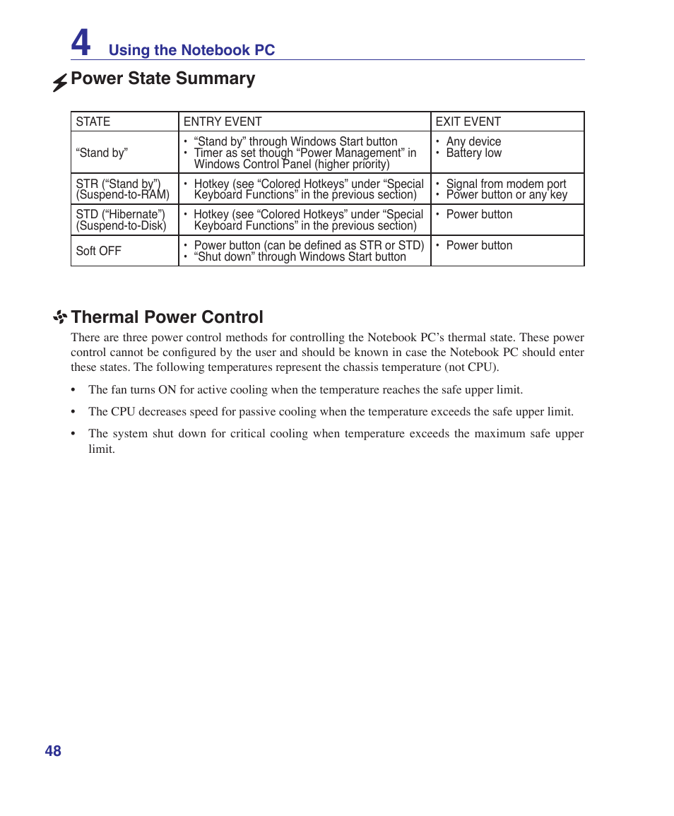 Power state summary, Thermal power control | Asus T12Fg User Manual | Page 48 / 70