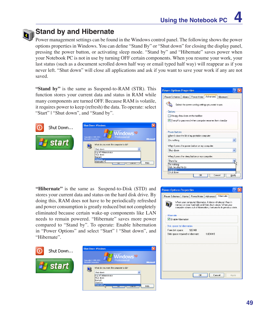 Stand by and hibernate | Asus T12Fg User Manual | Page 49 / 70