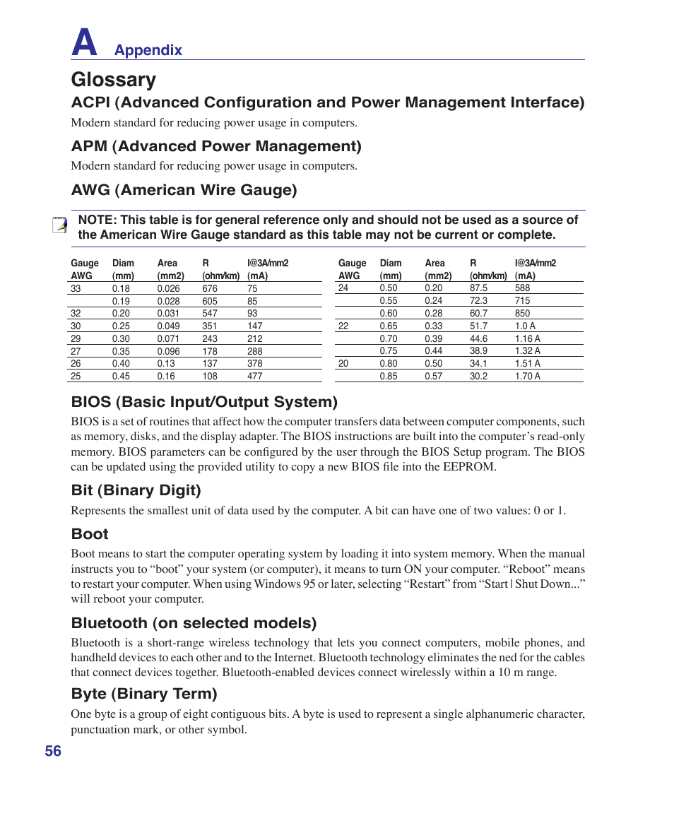 Glossary, Appendix, Apm (advanced power management) | Awg (american wire gauge), Bios (basic input/output system), Bit (binary digit), Boot, Bluetooth (on selected models), Byte (binary term) | Asus T12Fg User Manual | Page 56 / 70