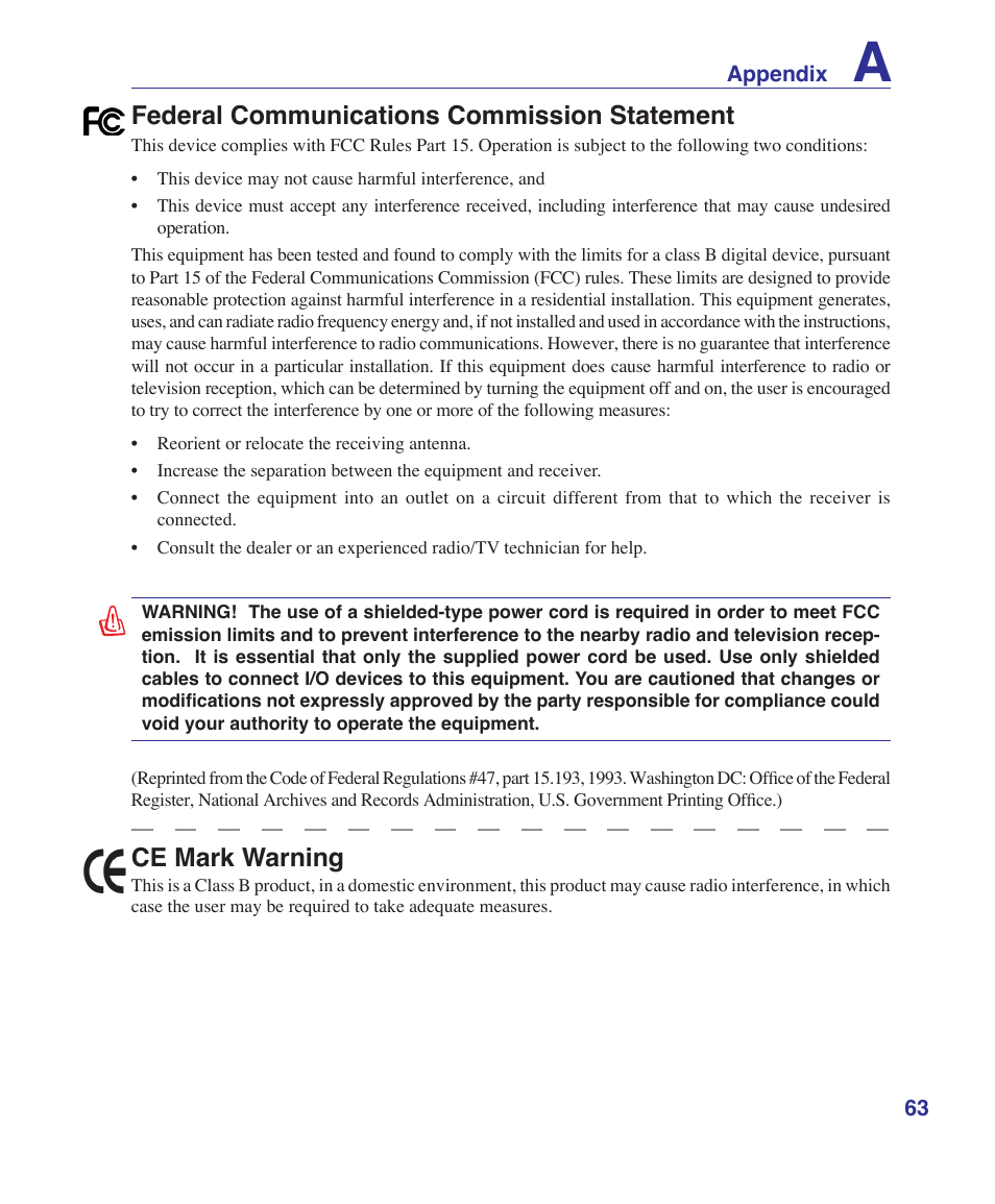 Federal communications commission statement, Ce mark warning | Asus T12Fg User Manual | Page 63 / 70