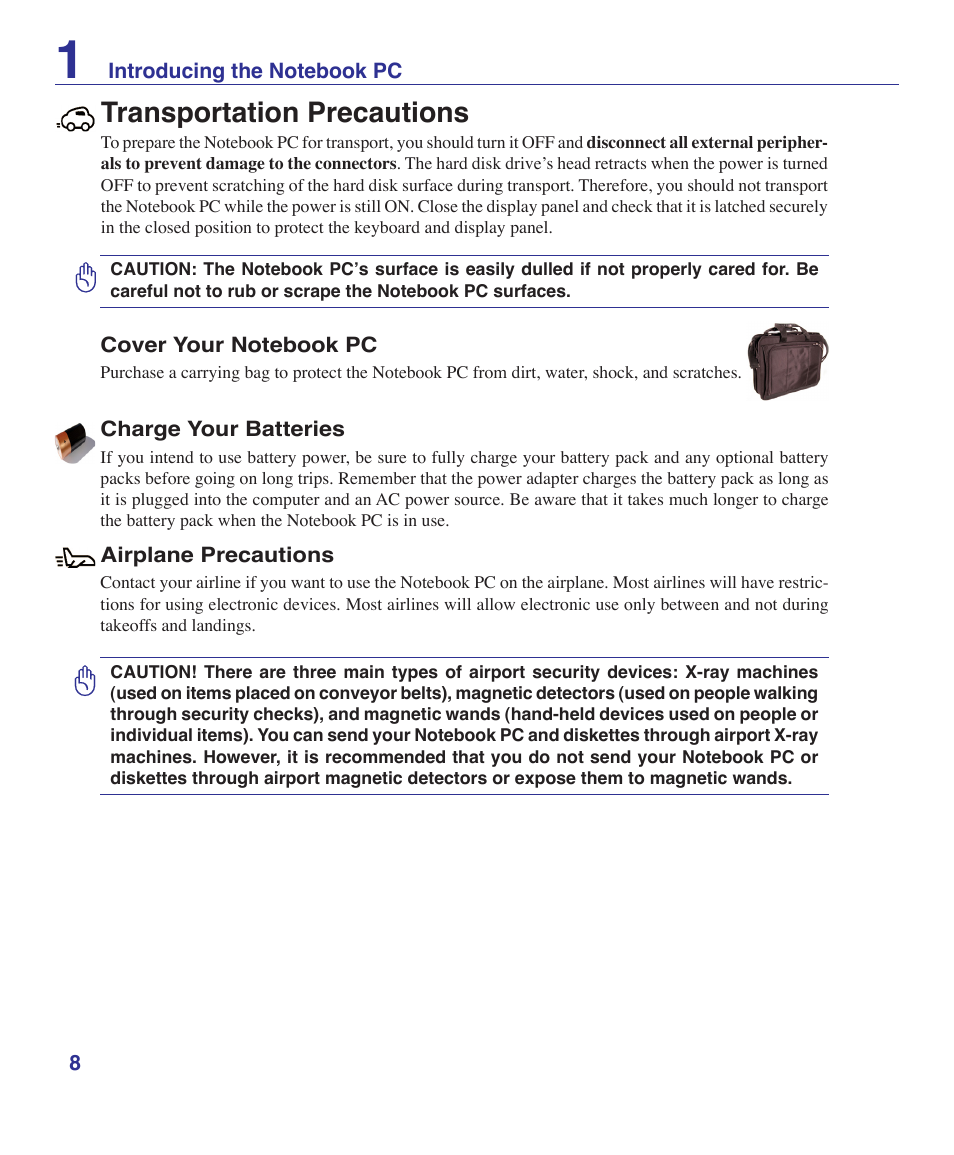 Transportation precautions | Asus T12Fg User Manual | Page 8 / 70