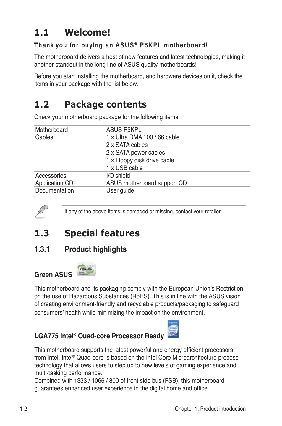 1 welcome, 2 package contents, 3 special features | 1 product highlights | Asus P5KPL User Manual | Page 14 / 94