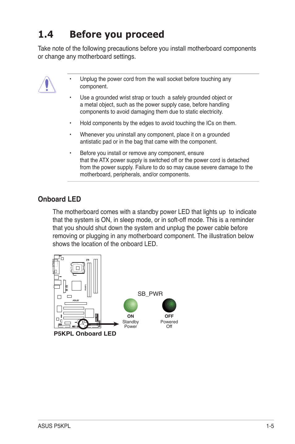 4 before you proceed, Onboard led | Asus P5KPL User Manual | Page 17 / 94