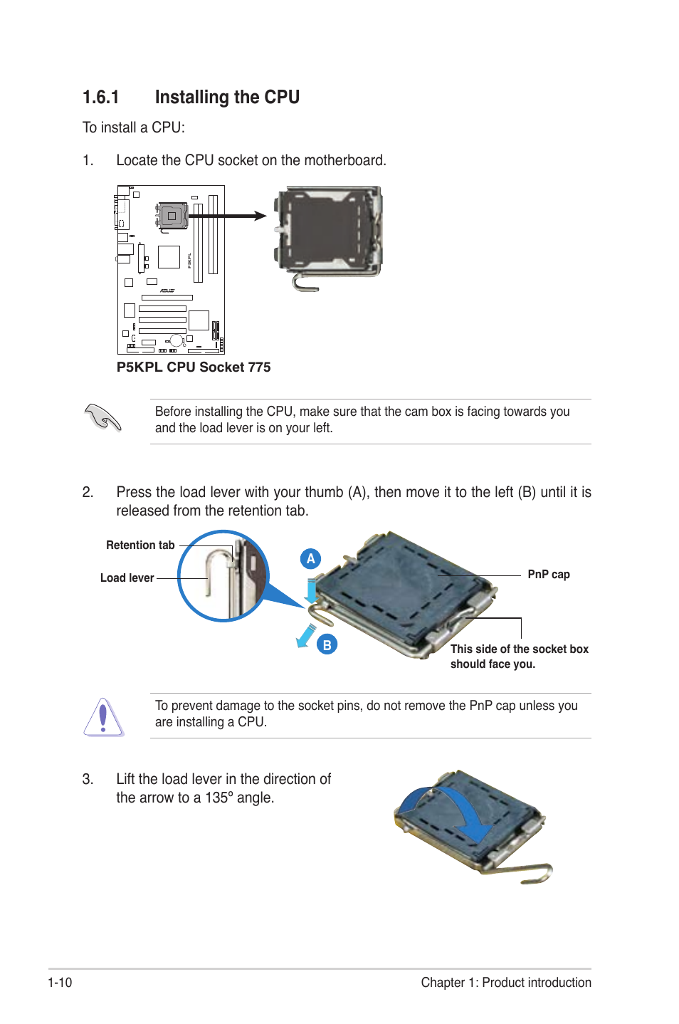 1 installing the cpu | Asus P5KPL User Manual | Page 22 / 94