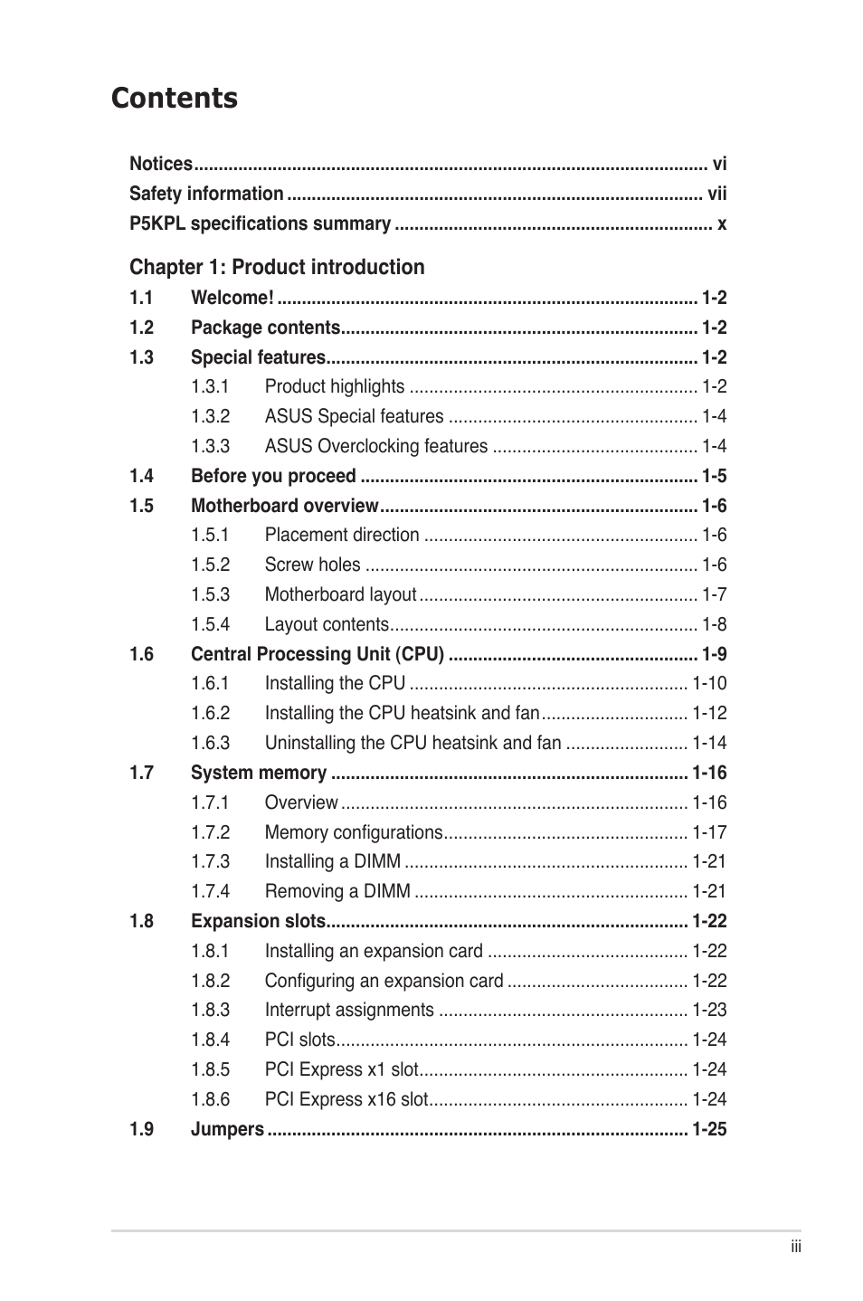Asus P5KPL User Manual | Page 3 / 94