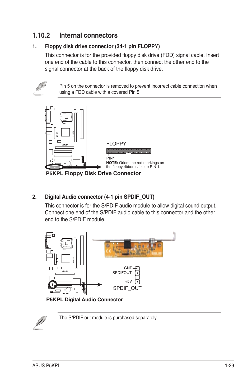 2 internal connectors | Asus P5KPL User Manual | Page 41 / 94