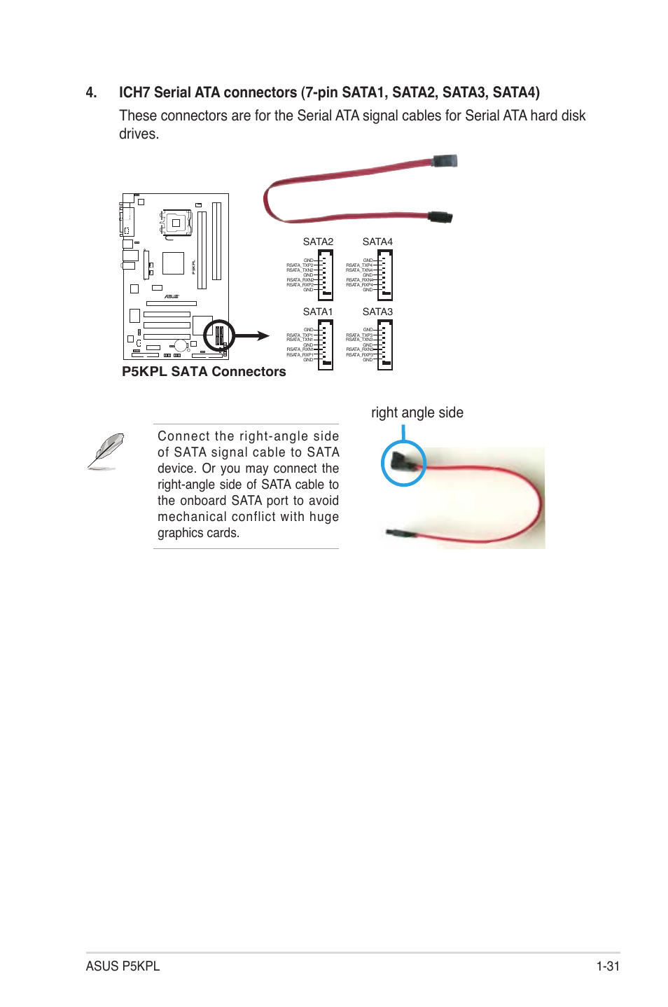 Right angle side, Asus p5kpl 1-31, P5kpl sata connectors | Asus P5KPL User Manual | Page 43 / 94