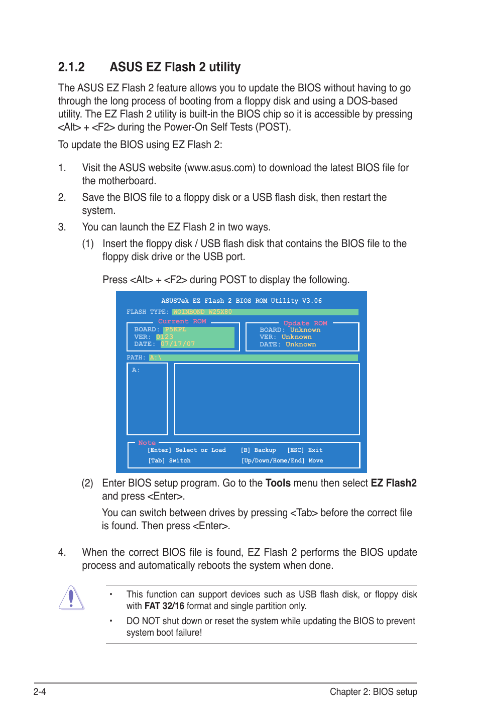 2 asus ez flash 2 utility | Asus P5KPL User Manual | Page 52 / 94