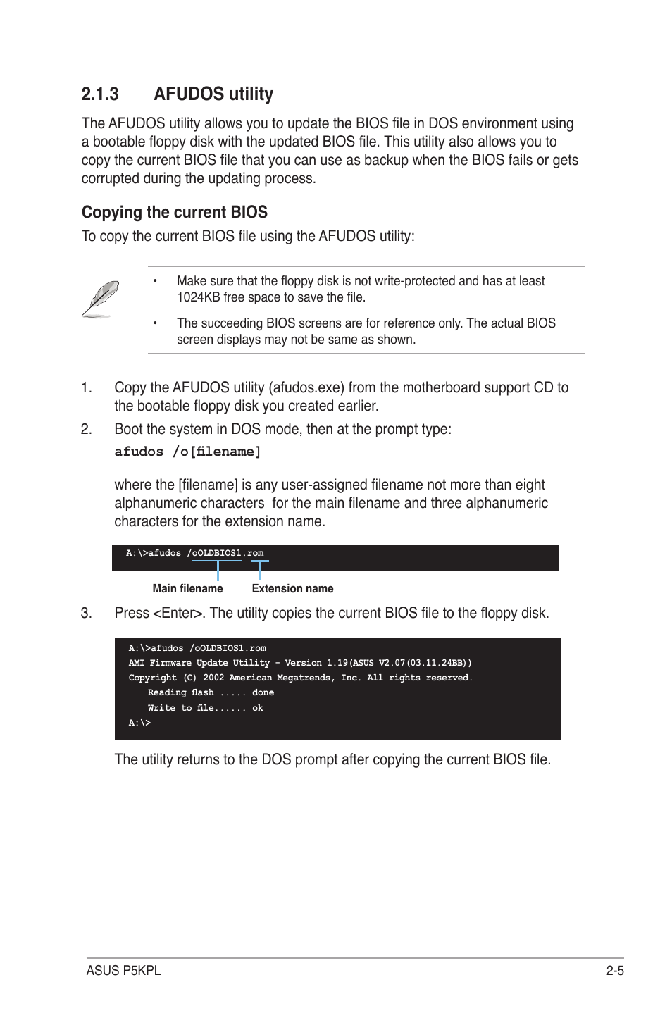 3 afudos utility, Copying the current bios | Asus P5KPL User Manual | Page 53 / 94