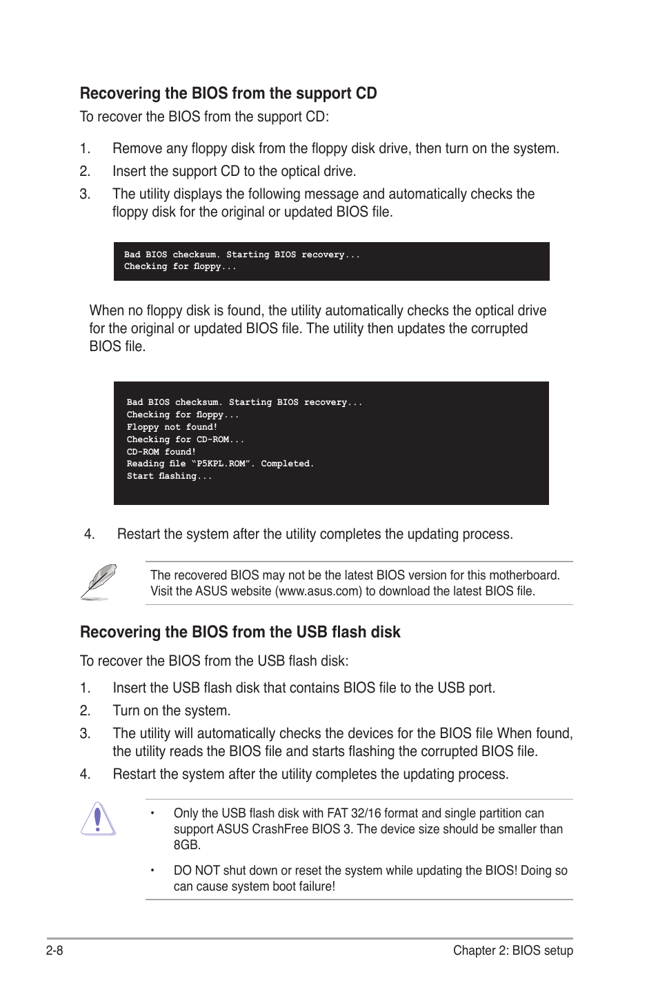 Recovering the bios from the support cd, Recovering the bios from the usb flash disk | Asus P5KPL User Manual | Page 56 / 94