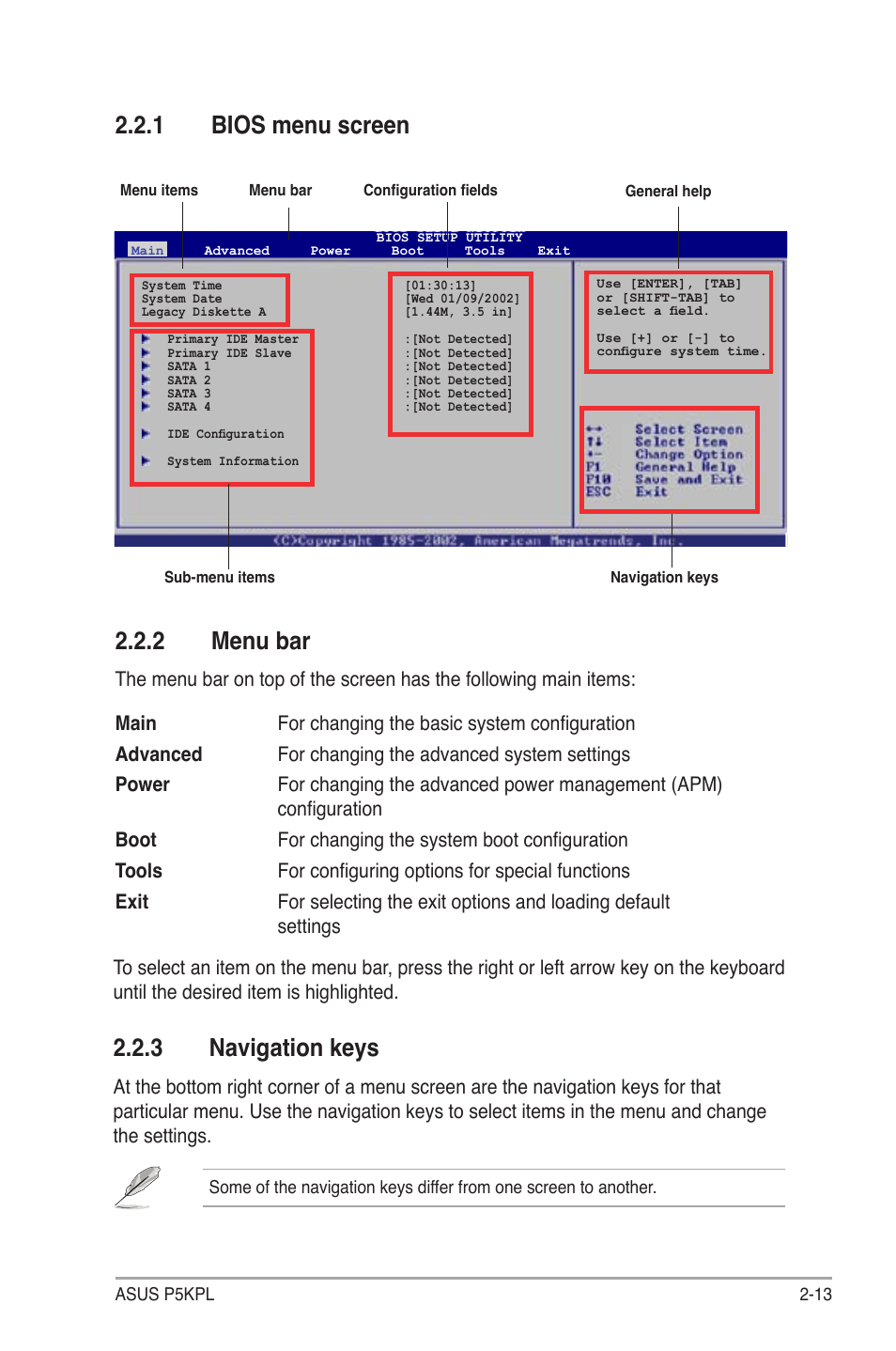 2 menu bar, 1 bios menu screen, 3 navigation keys | Asus P5KPL User Manual | Page 61 / 94
