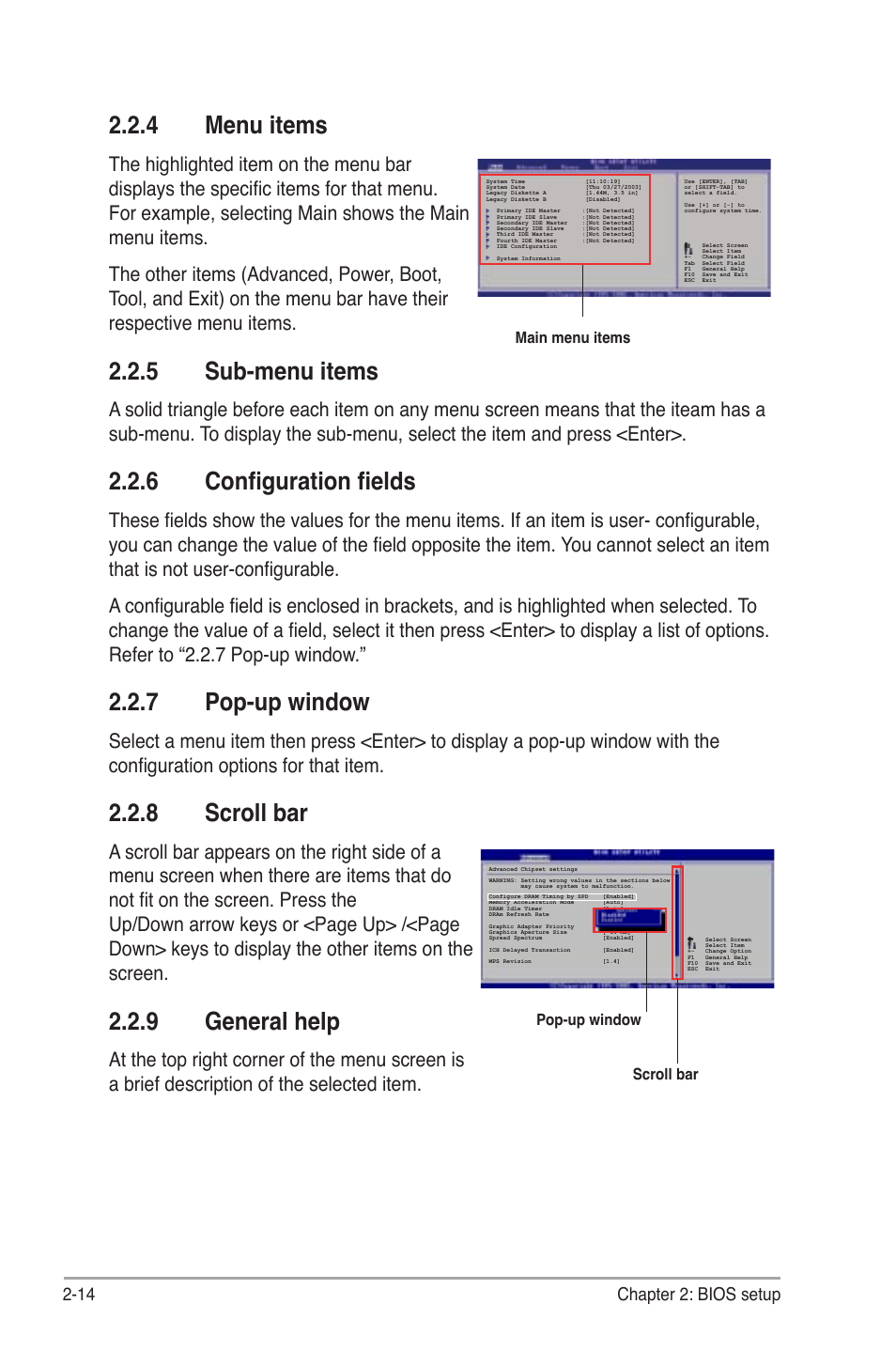 4 menu items, 5 sub-menu items, 6 configuration fields | 7 pop-up window, 8 scroll bar, 9 general help, 14 chapter 2: bios setup | Asus P5KPL User Manual | Page 62 / 94