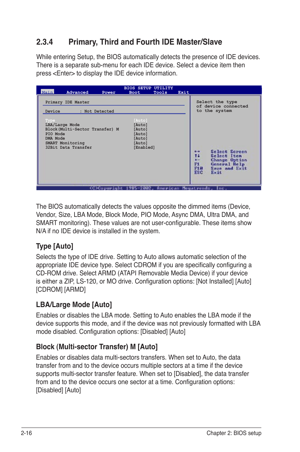 4 primary, third and fourth ide master/slave, Type [auto, Lba/large mode [auto | Block (multi-sector transfer) m [auto | Asus P5KPL User Manual | Page 64 / 94