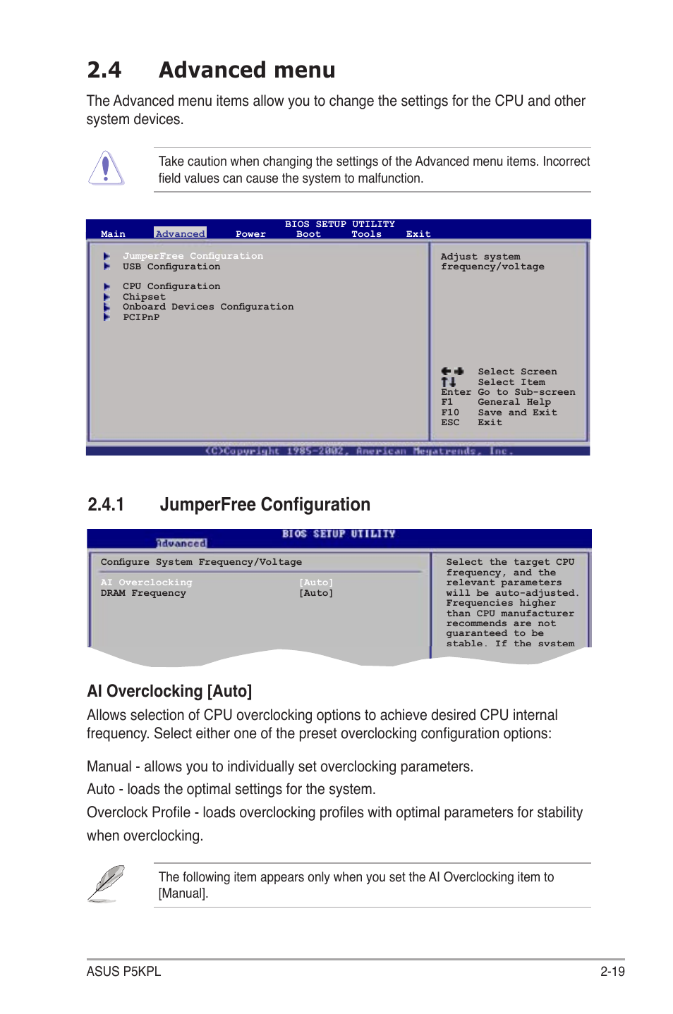 4 advanced menu, 1 jumperfree configuration, Ai overclocking [auto | Asus P5KPL User Manual | Page 67 / 94