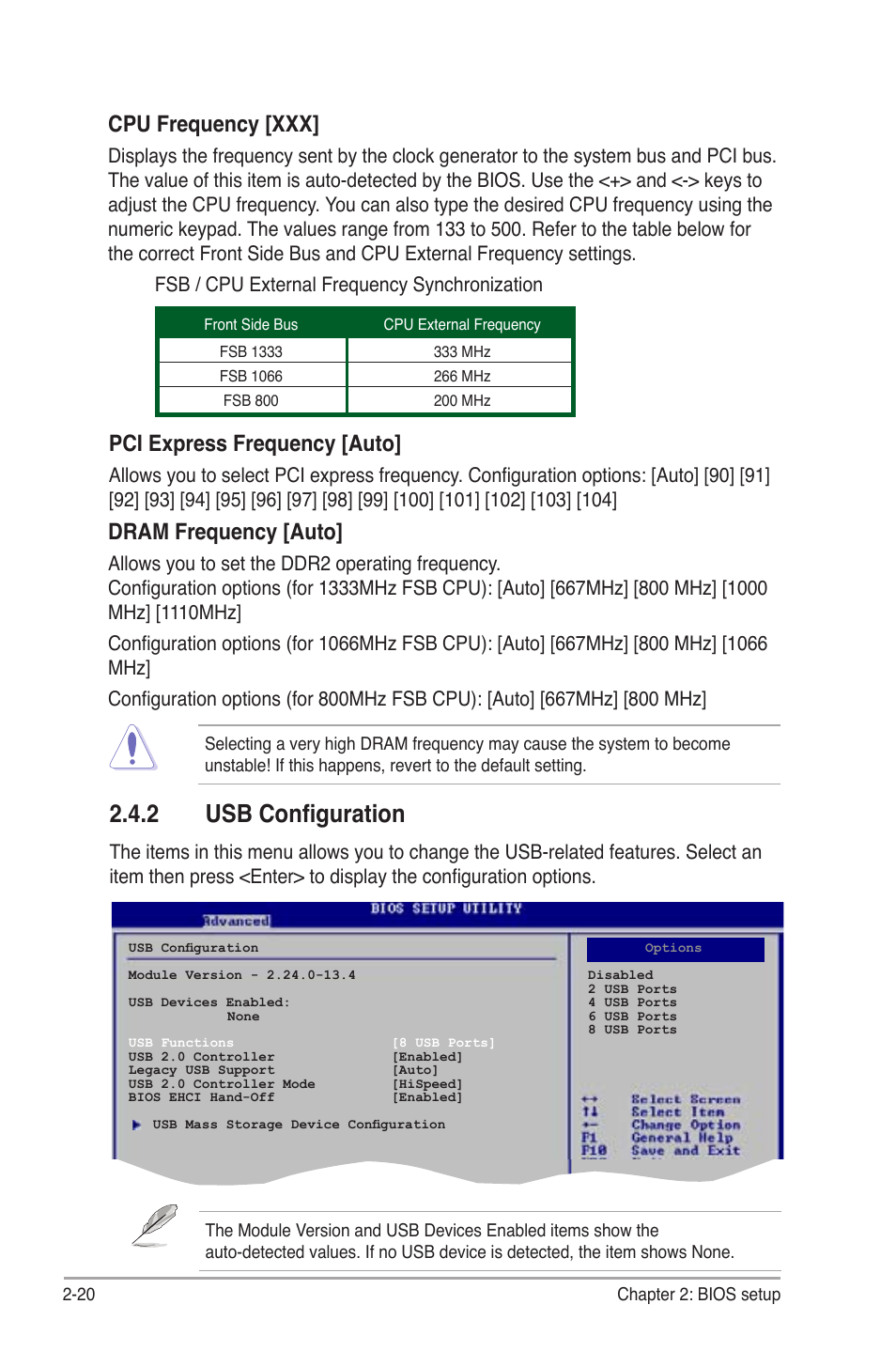 2 usb configuration, Dram frequency [auto, Cpu frequency [xxx | Pci express frequency [auto, Fsb / cpu external frequency synchronization | Asus P5KPL User Manual | Page 68 / 94