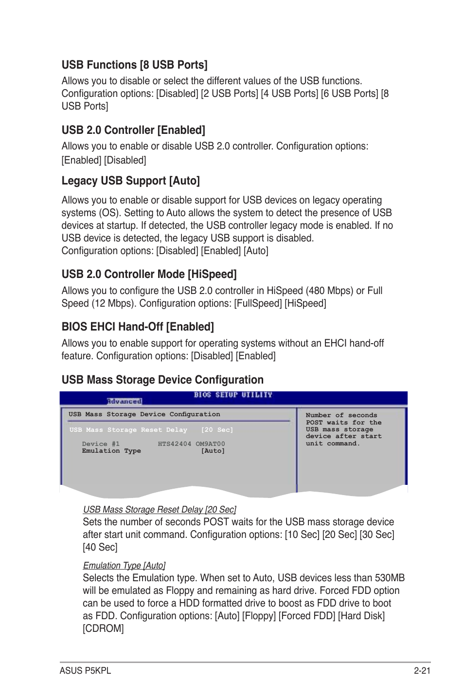 Usb functions [8 usb ports, Usb 2.0 controller [enabled, Legacy usb support [auto | Usb 2.0 controller mode [hispeed, Bios ehci hand-off [enabled, Usb mass storage device configuration | Asus P5KPL User Manual | Page 69 / 94