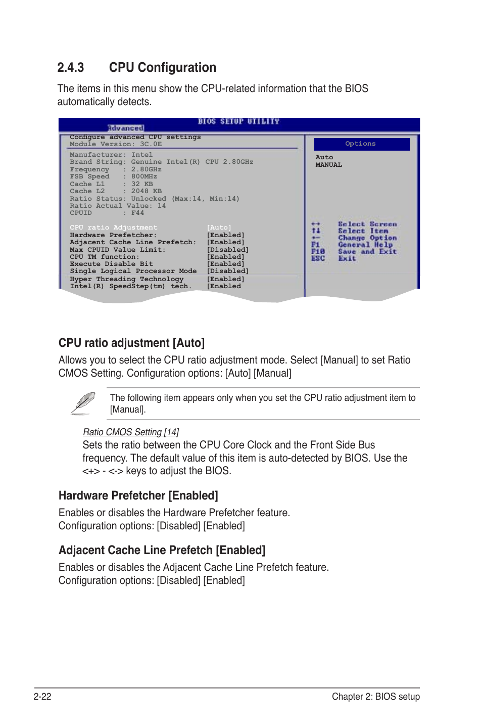 3 cpu configuration, Cpu ratio adjustment [auto, Hardware prefetcher [enabled | Adjacent cache line prefetch [enabled | Asus P5KPL User Manual | Page 70 / 94