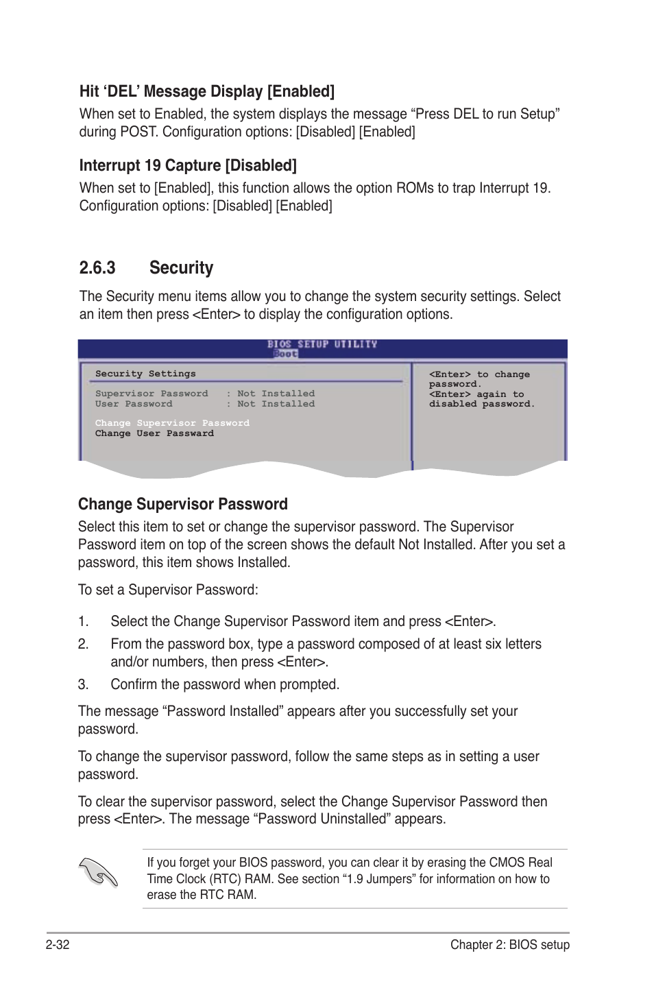 3 security, Hit ‘del’ message display [enabled, Interrupt 19 capture [disabled | Change supervisor password | Asus P5KPL User Manual | Page 80 / 94