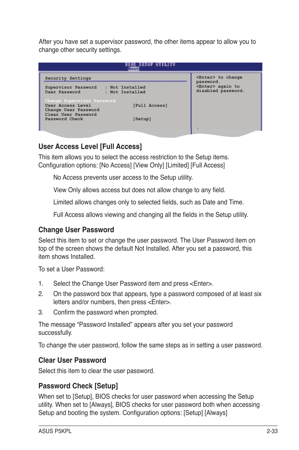User access level [full access, Change user password, Clear user password | Password check [setup | Asus P5KPL User Manual | Page 81 / 94