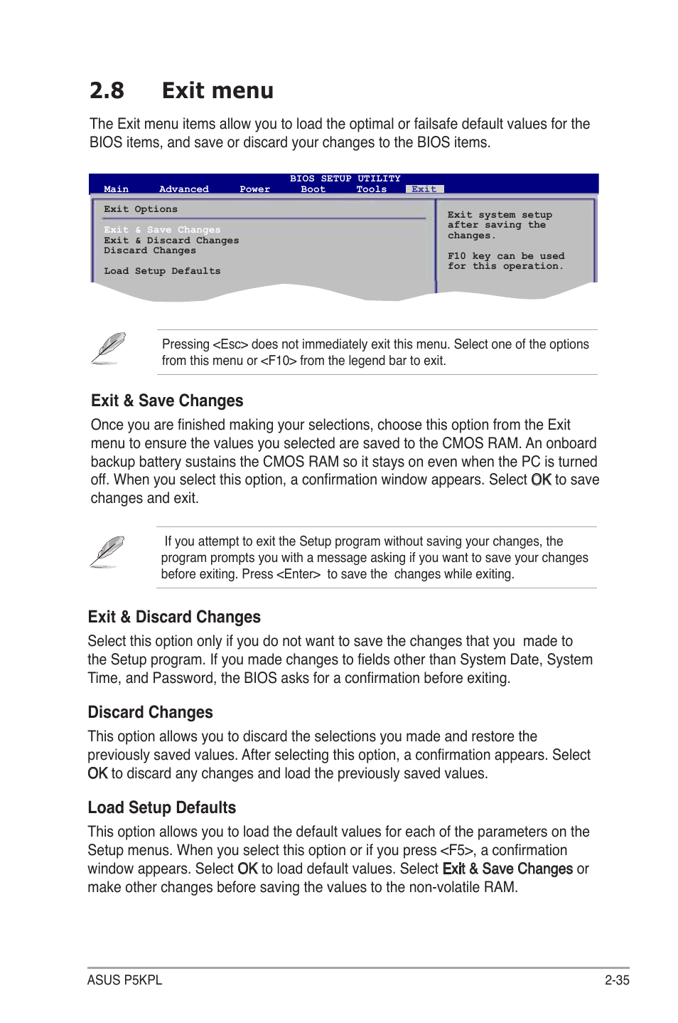 8 exit menu, Exit & discard changes, Discard changes | Load setup defaults, Exit & save changes | Asus P5KPL User Manual | Page 83 / 94