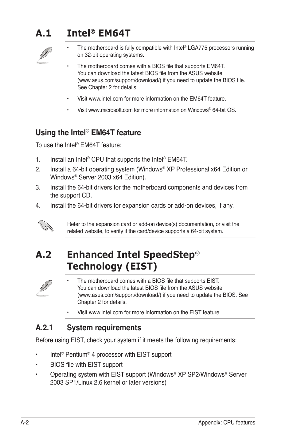 A.1 intel, Em64t, A.2 enhanced intel speedstep | Technology (eist), Using the intel, Em64t feature, A.2.1 system requirements | Asus P5KPL User Manual | Page 92 / 94