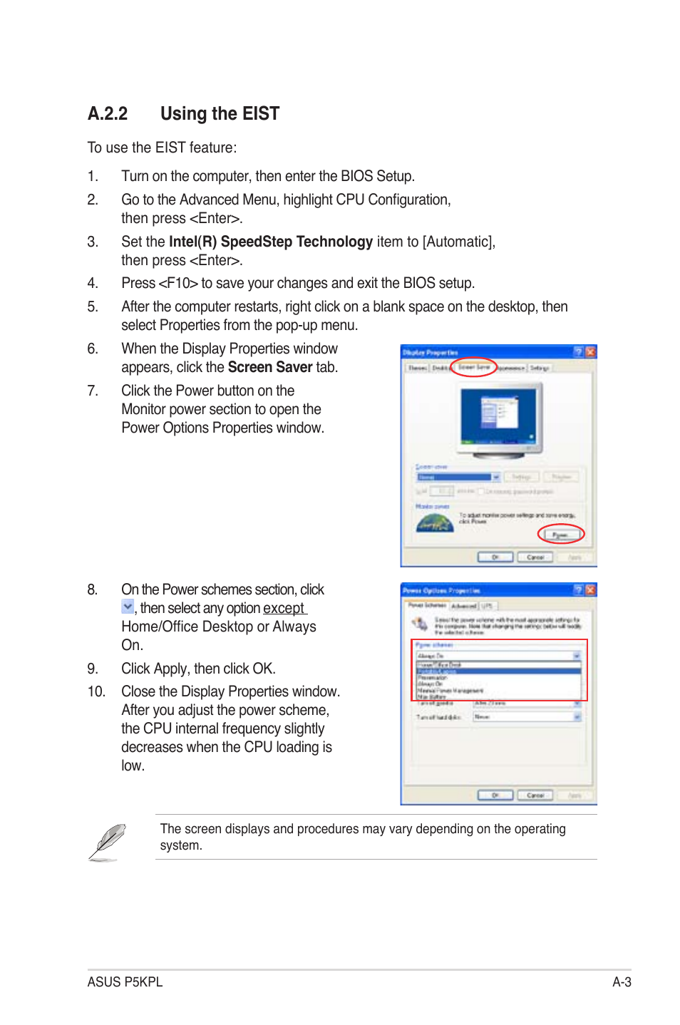 A.2.2 using the eist | Asus P5KPL User Manual | Page 93 / 94