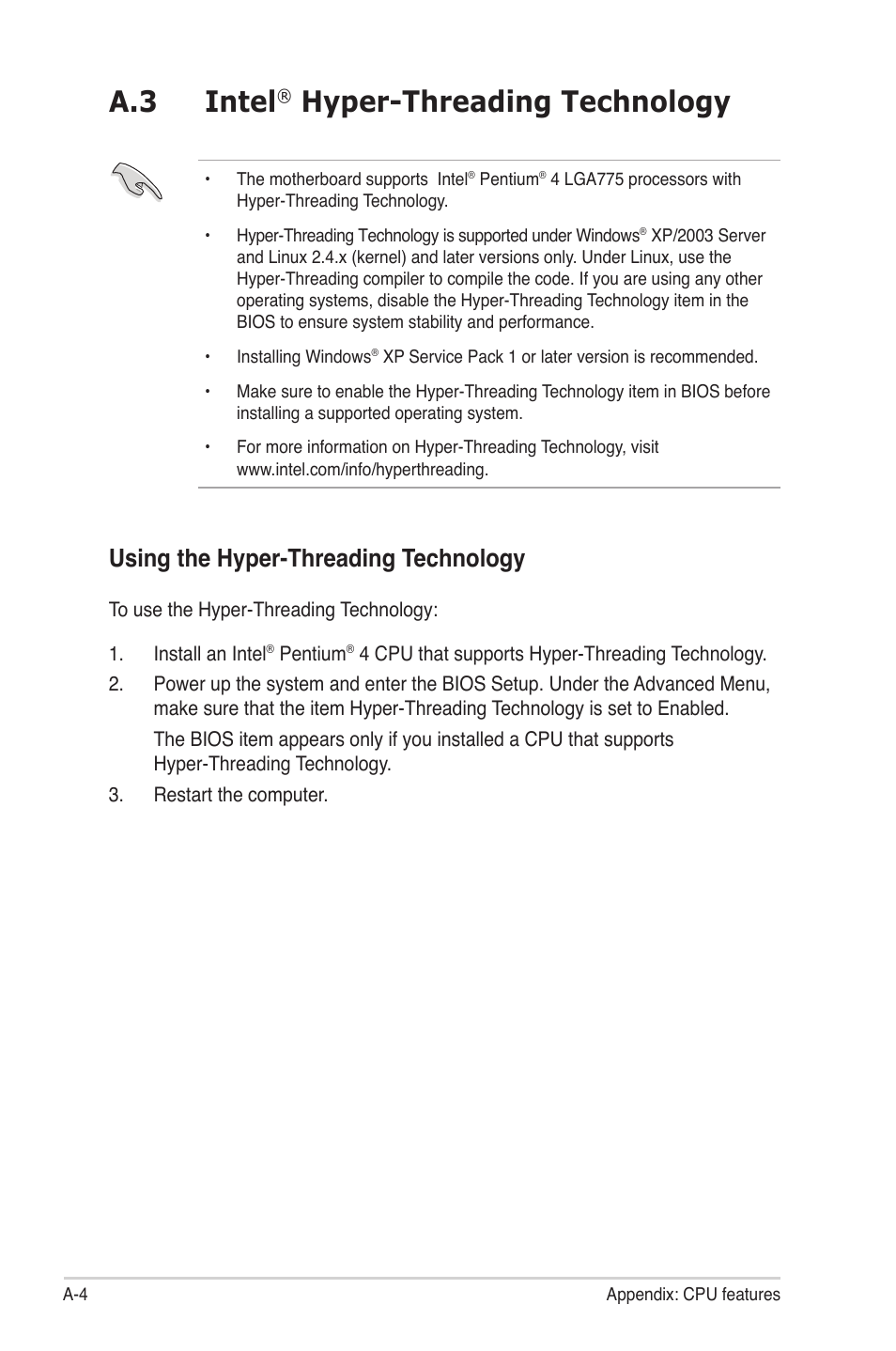 A.3 intel, Hyper-threading technology, Using the hyper-threading technology | Asus P5KPL User Manual | Page 94 / 94