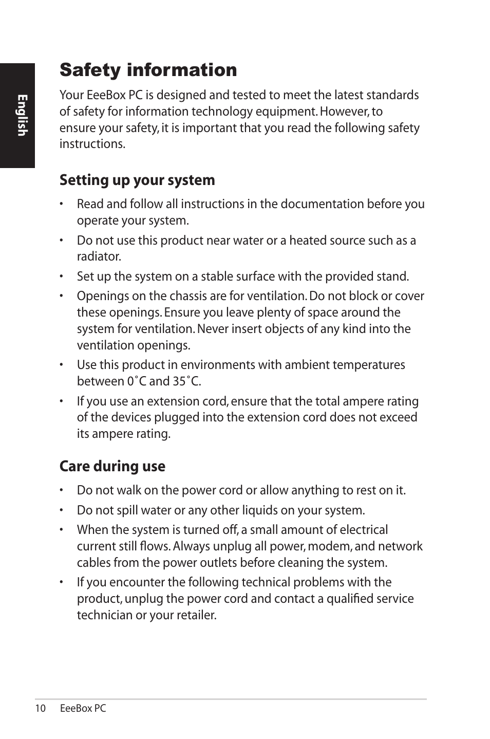 Safety information, Setting up your system, Care during use | Asus EB1503 User Manual | Page 10 / 42