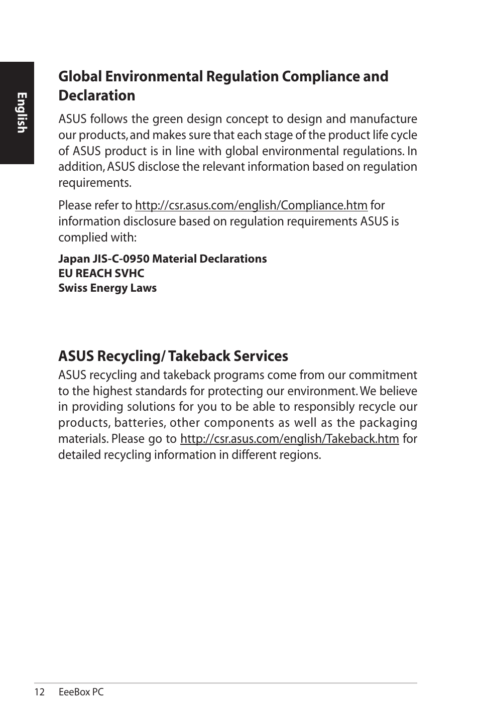 Asus recycling/ takeback services | Asus EB1503 User Manual | Page 12 / 42