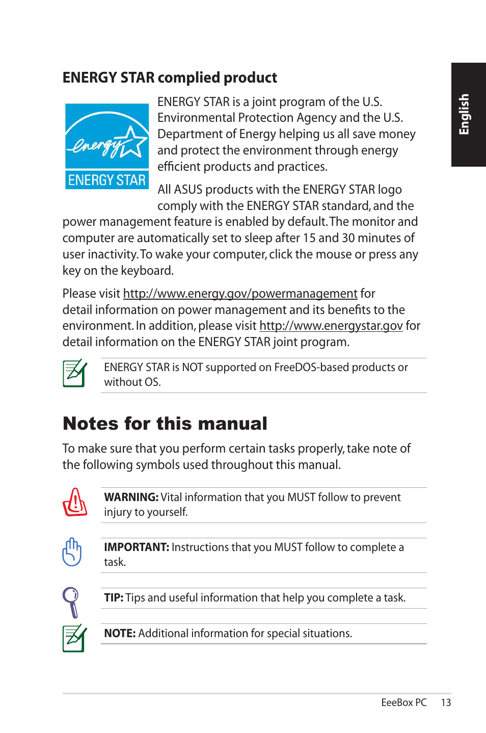 Notes for this manual, Energy star complied product | Asus EB1503 User Manual | Page 13 / 42