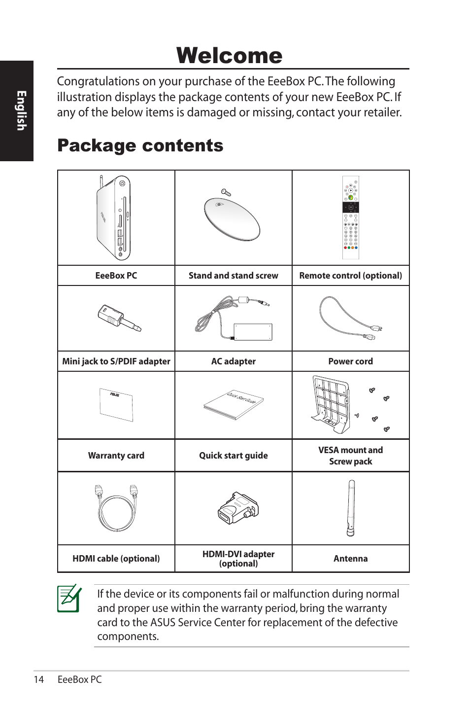 Welcome, Package contents, English | Asus EB1503 User Manual | Page 14 / 42