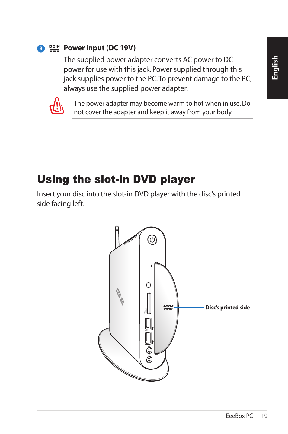 Using the slot-in dvd player | Asus EB1503 User Manual | Page 19 / 42