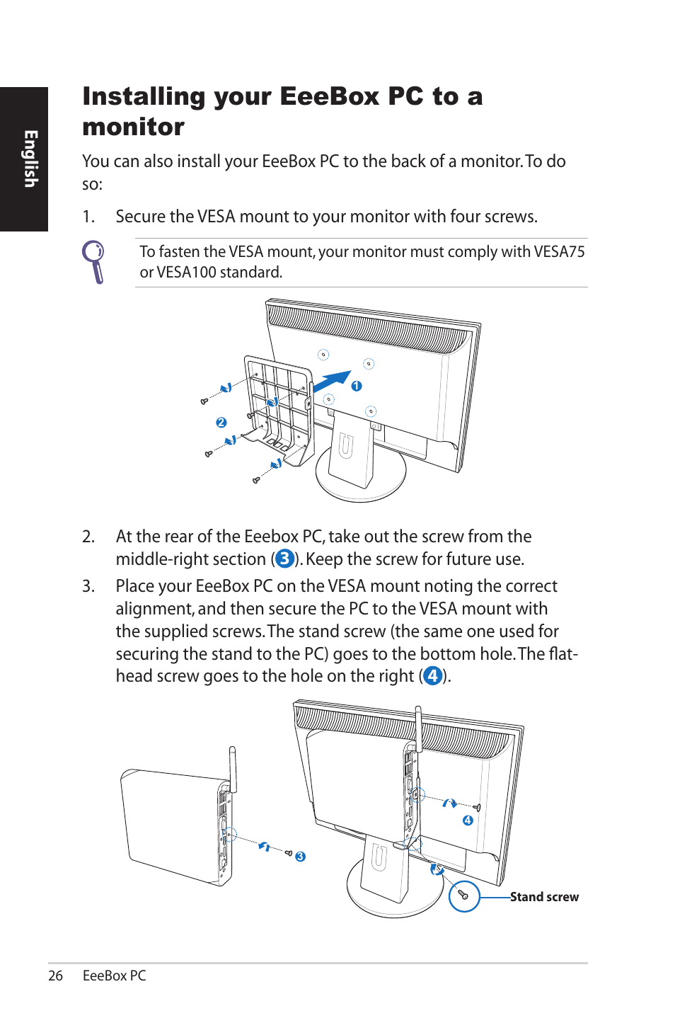 Installing your eeebox pc to a monitor, English | Asus EB1503 User Manual | Page 26 / 42