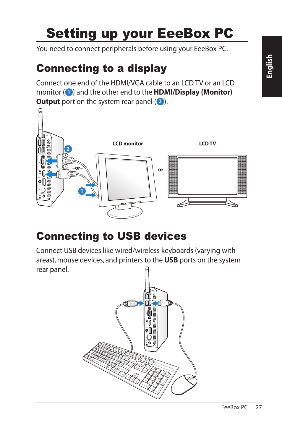 Setting up your eeebox pc, Connecting to a display, Connecting to usb devices | Connecting to a display connecting to usb devices | Asus EB1503 User Manual | Page 27 / 42