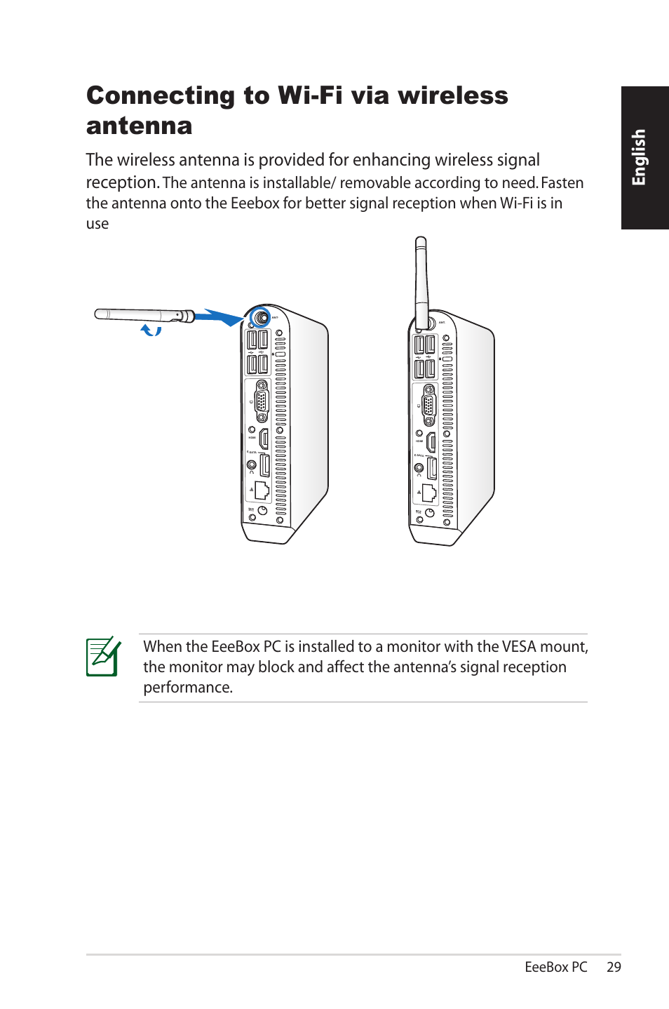 Connecting to wi-fi via wireless antenna, English, Eeebox pc 29 | Asus EB1503 User Manual | Page 29 / 42