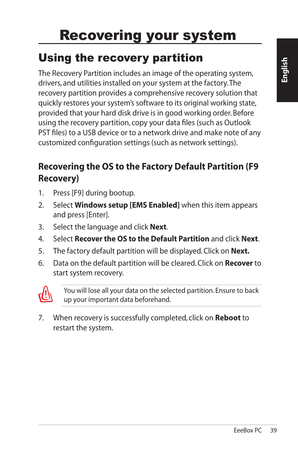 Recovering your system, Using the recovery partition | Asus EB1503 User Manual | Page 39 / 42