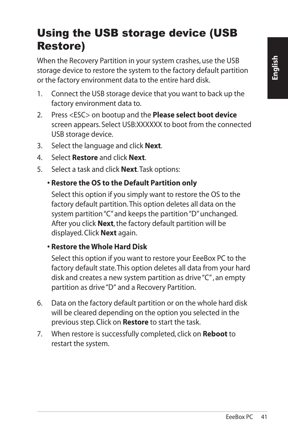 Using the usb storage device (usb restore) | Asus EB1503 User Manual | Page 41 / 42