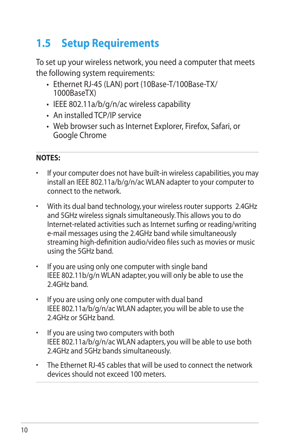5 setup requirements, Setup requirements | Asus RT-AC56U User Manual | Page 10 / 129