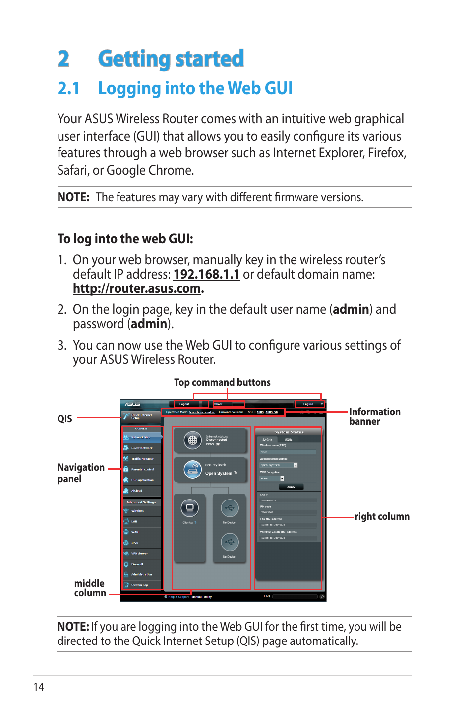 2 getting started, 1 logging into the web gui, Getting started | Logging into the web gui | Asus RT-AC56U User Manual | Page 14 / 129