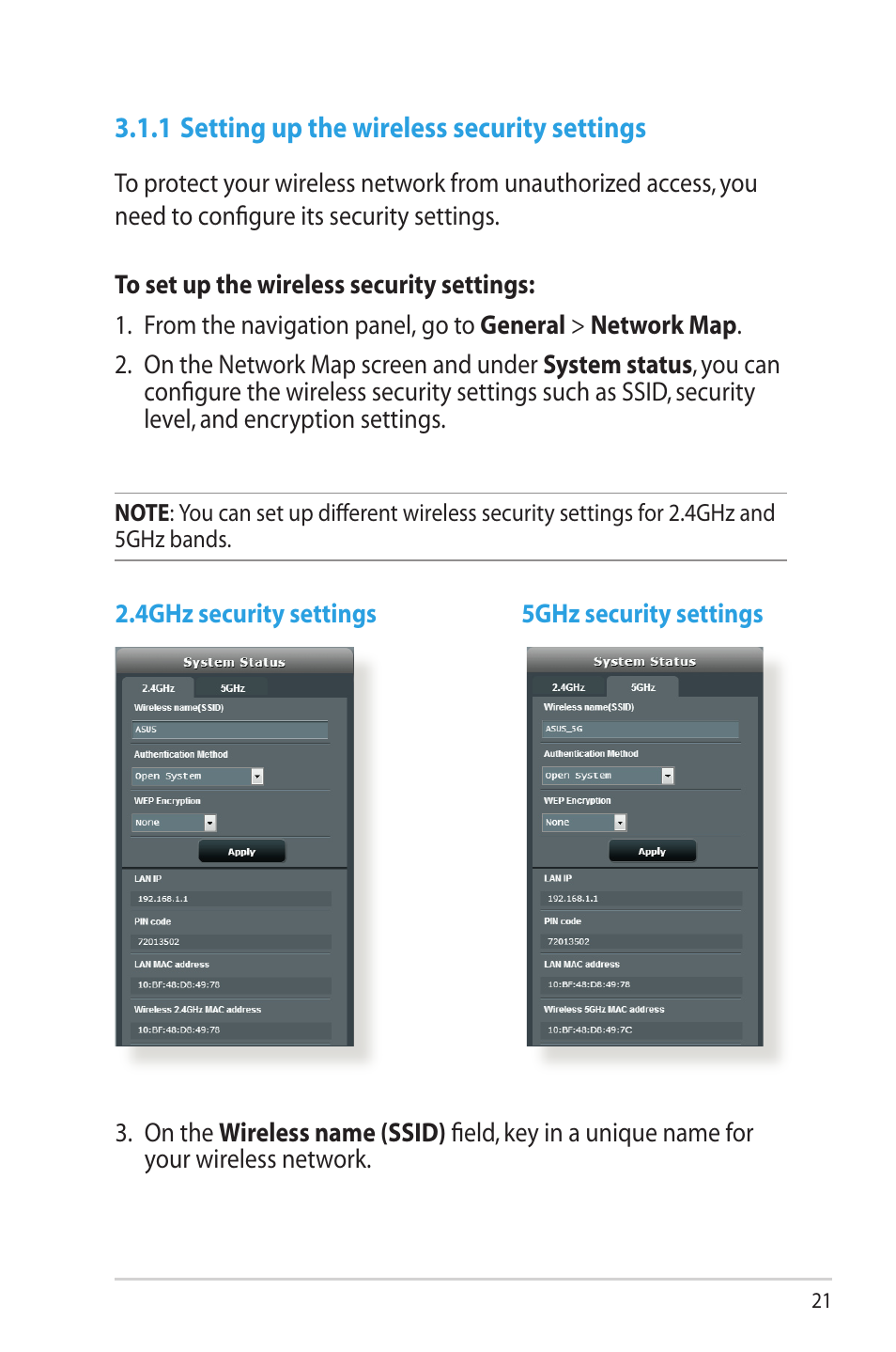 1 setting up the wireless security settings | Asus RT-AC56U User Manual | Page 21 / 129