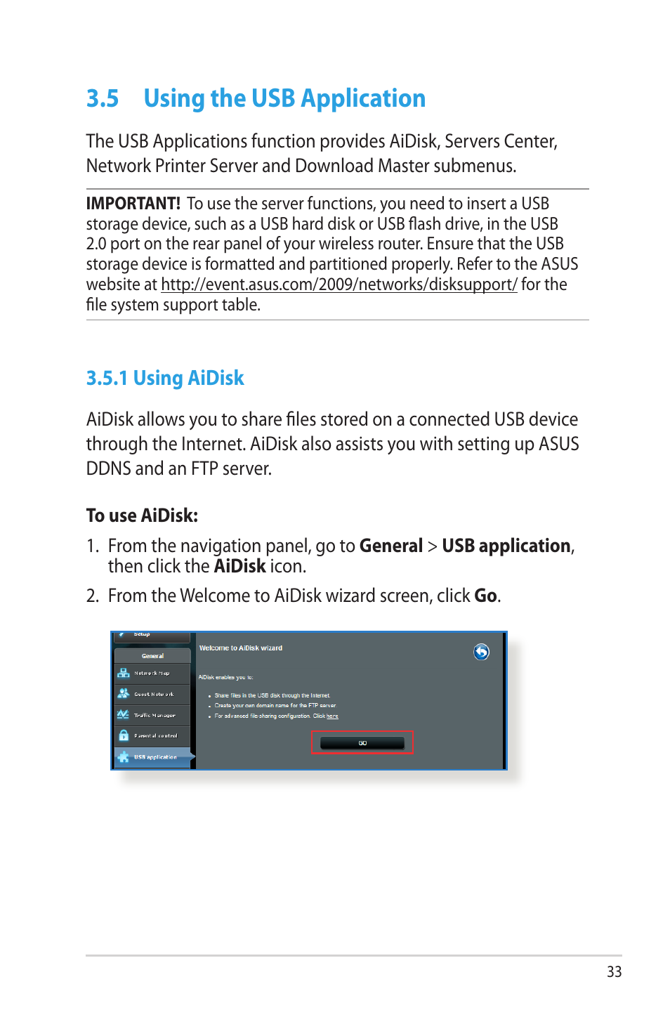 5 using the usb application, 1 using aidisk, Using the usb application | Asus RT-AC56U User Manual | Page 33 / 129